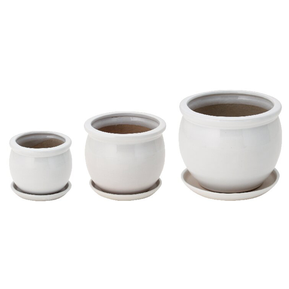 陶器植木鉢3点セット(受皿付)(ホワイト)