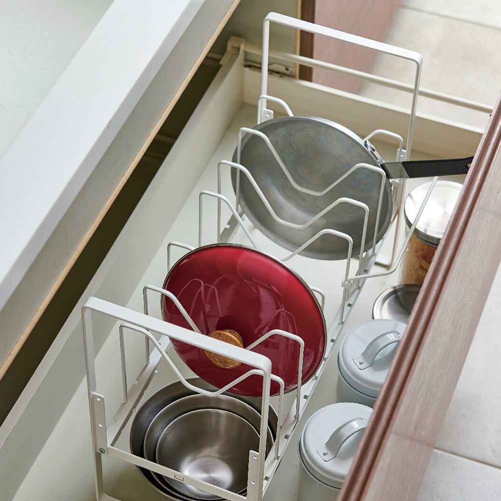 シンク下高さ調整鍋蓋&フライパン収納ラック2段(ホワイト)