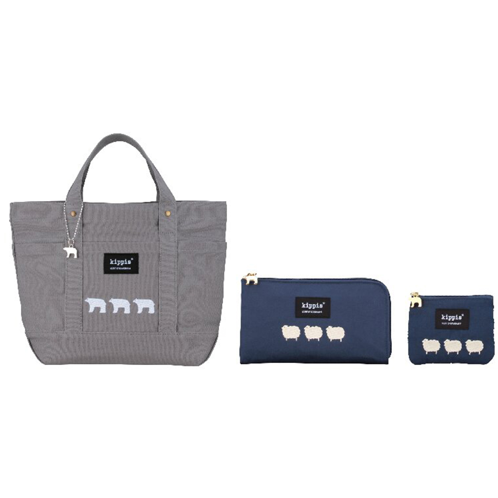 キッピス 8ポケットバッグ・ティッシュ・マスクポーチセット(グレー/ネイビー)