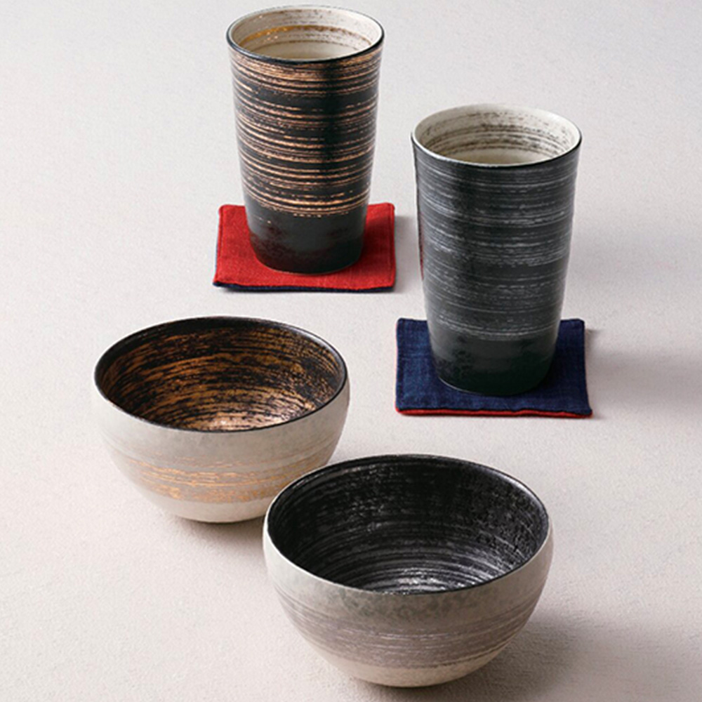 有田焼 金銀色刷毛 コースター付ペアカップ・スープボウルセット