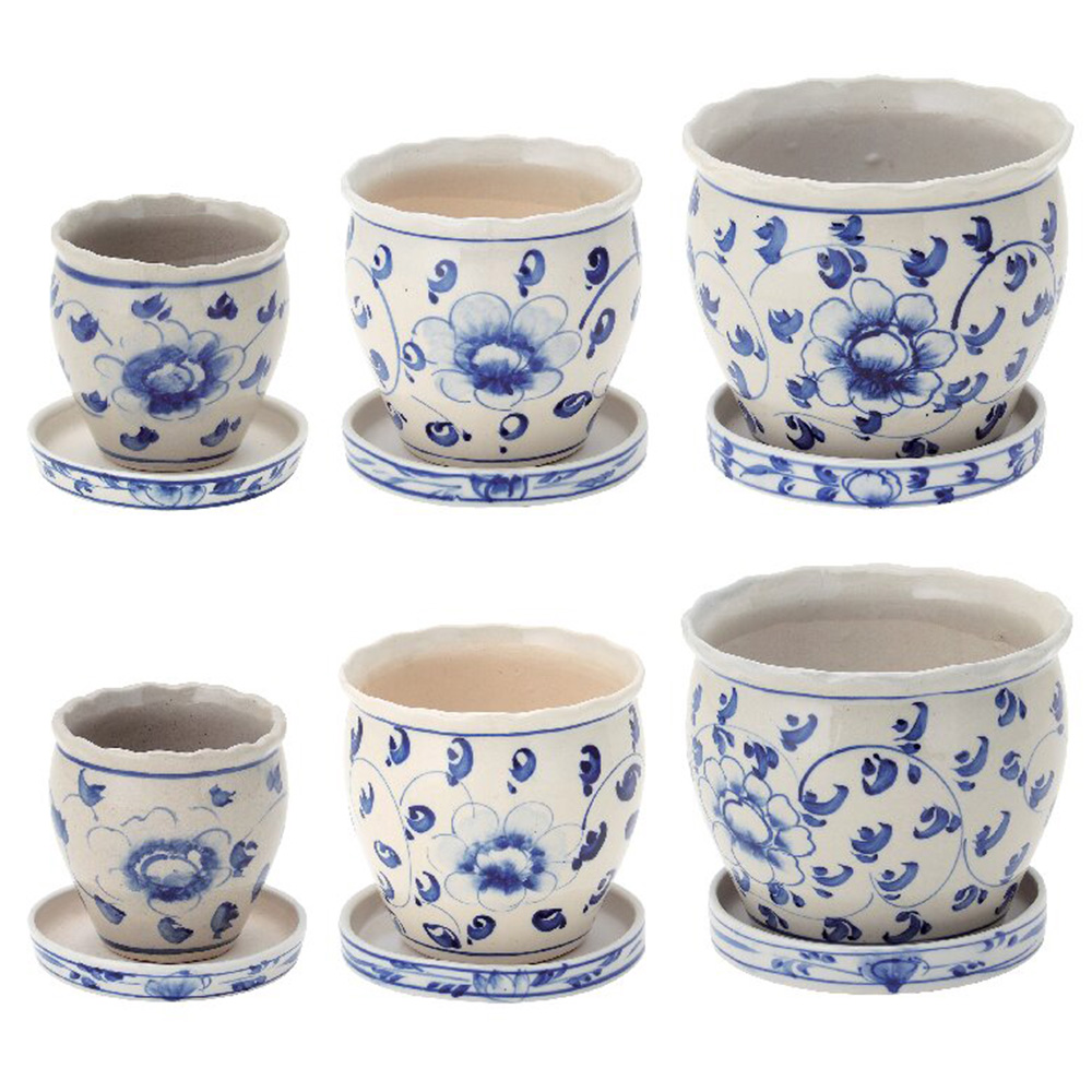 陶器植木鉢6点セット(花柄A)(受皿付)