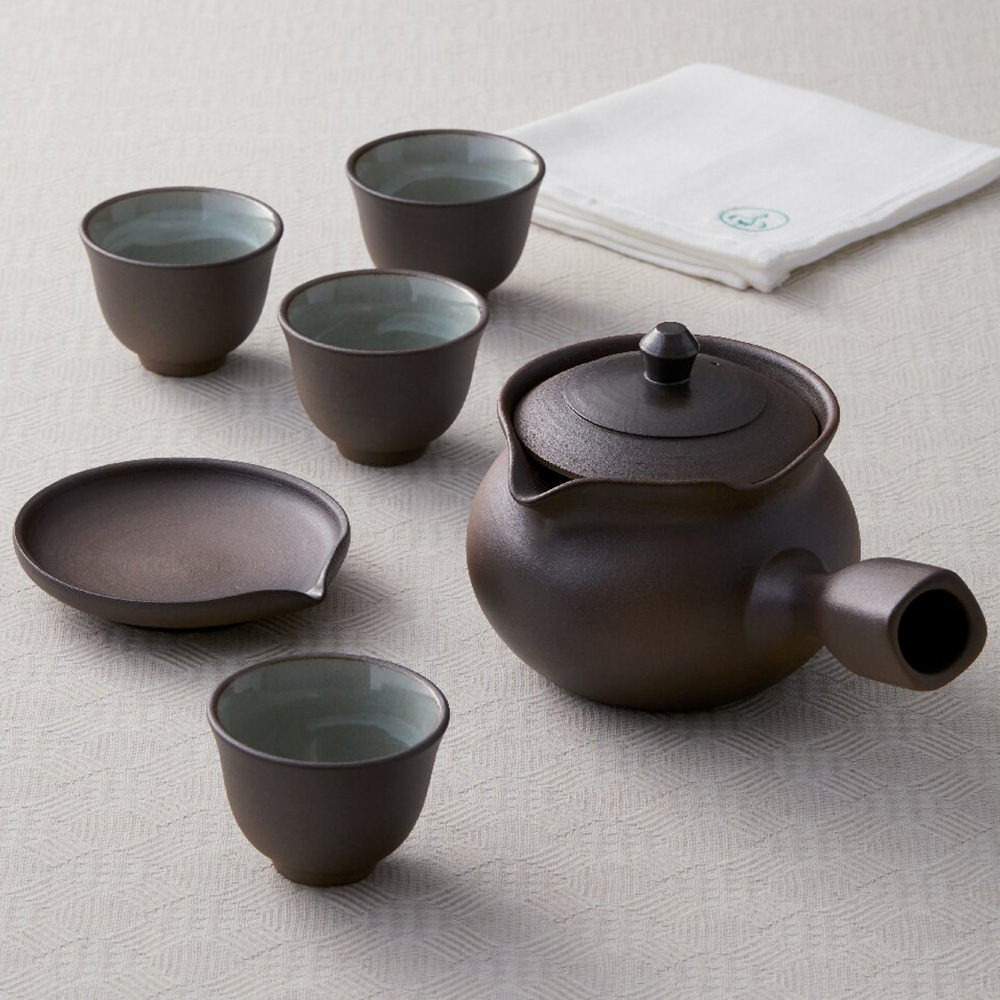 藤総製陶所 茶器揃 蓋置皿・布巾付(焼締め)