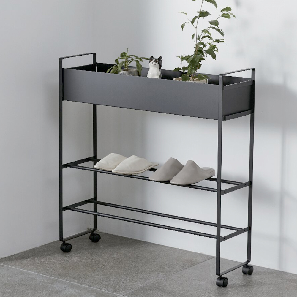 キャスター付き 玄関収納ラック(ブラック)
