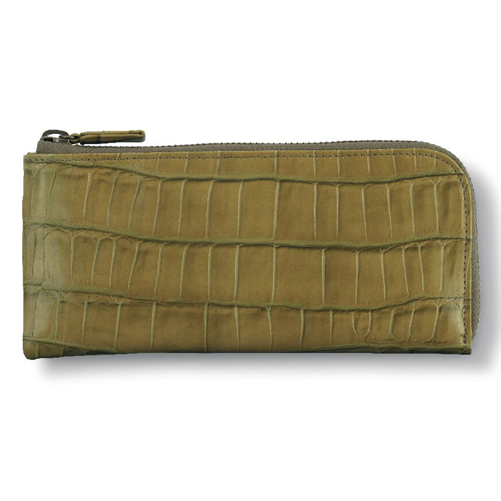 ワニ型押L字ファスナー長財布(カーキ)