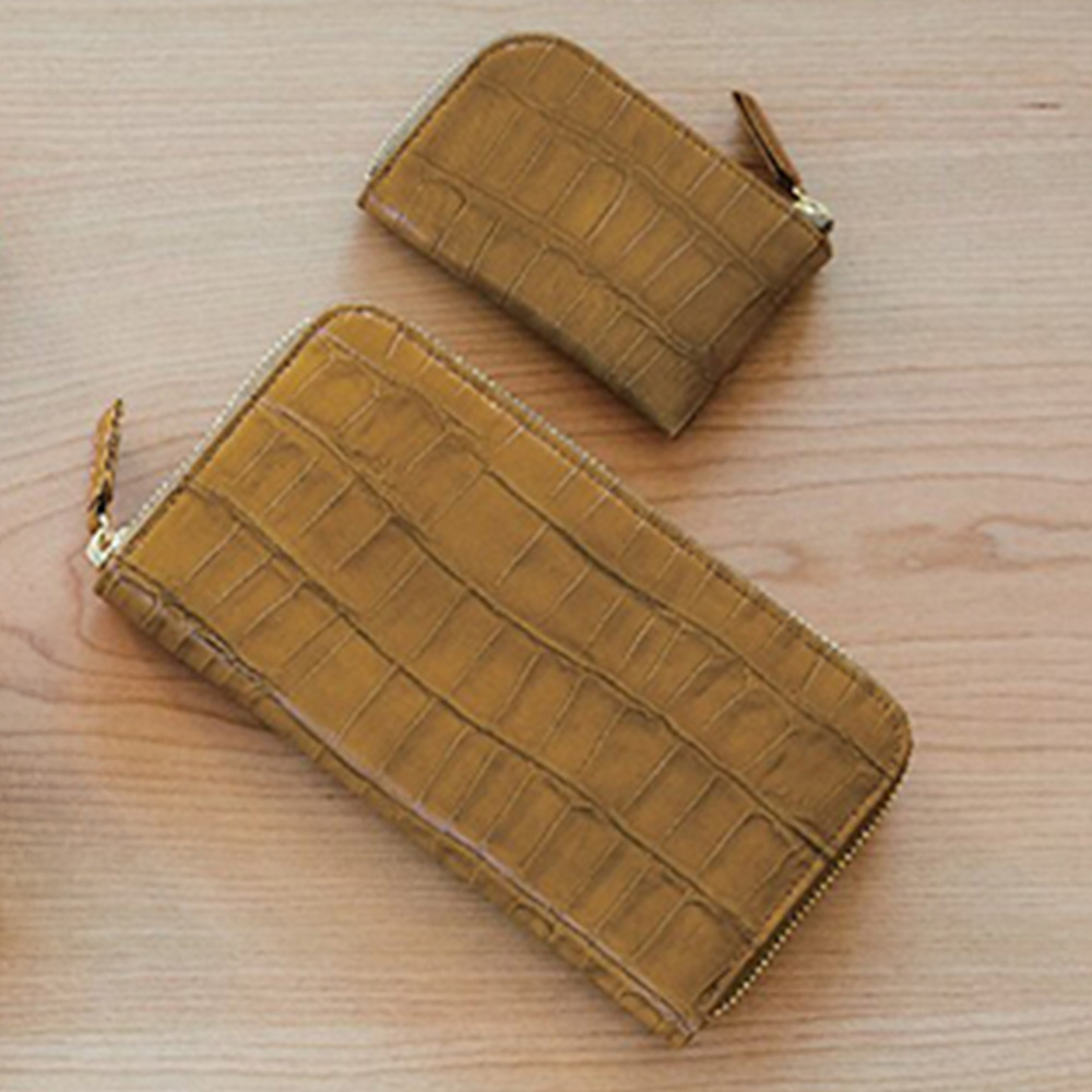 ワニ型押 ラウンド財布・ミニ財布(カーキ)