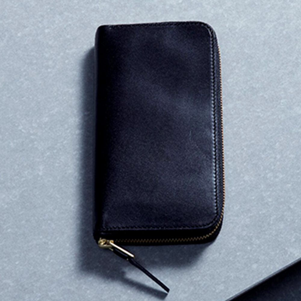 手塗りオイルレザー切れ目仕立て ラウンドファスナー長財布(ブラック)