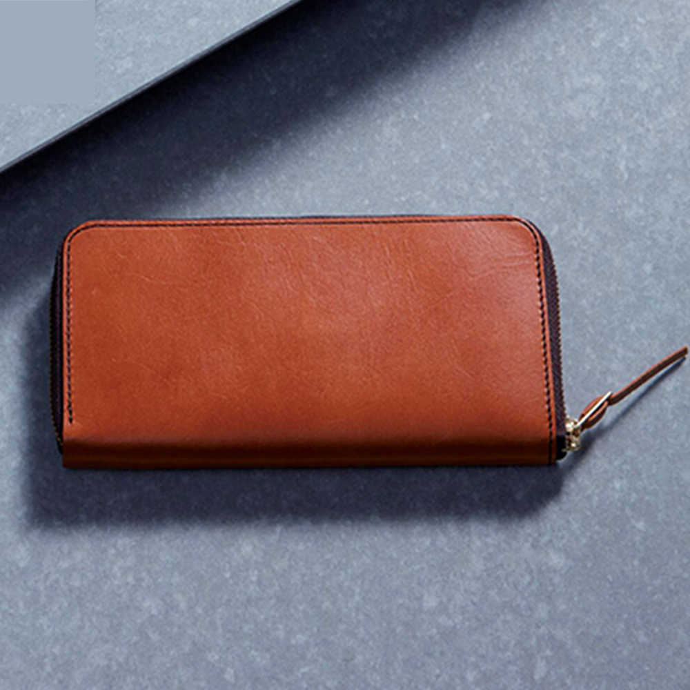 手塗りオイルレザー切れ目仕立て ラウンドファスナー長財布(ブラウン)