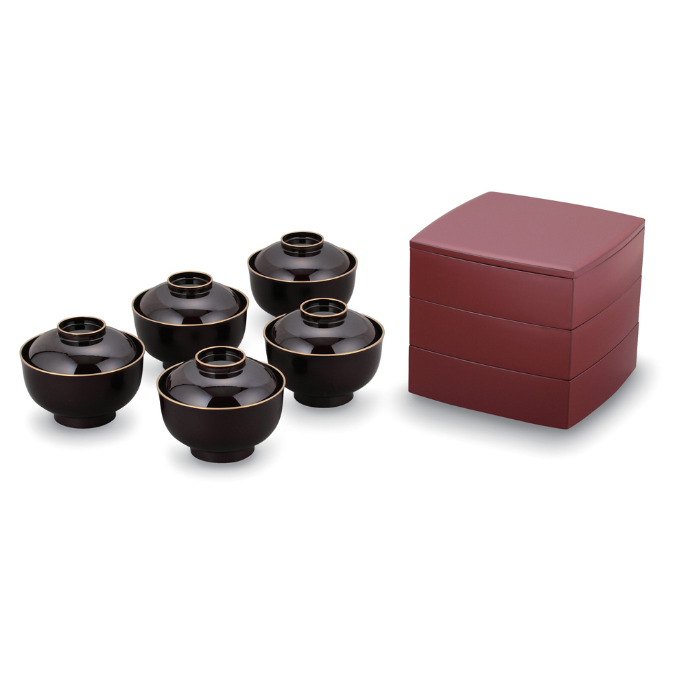 北市漆器店 手塗うるし6.5三段重・溜渕金雑煮椀セット