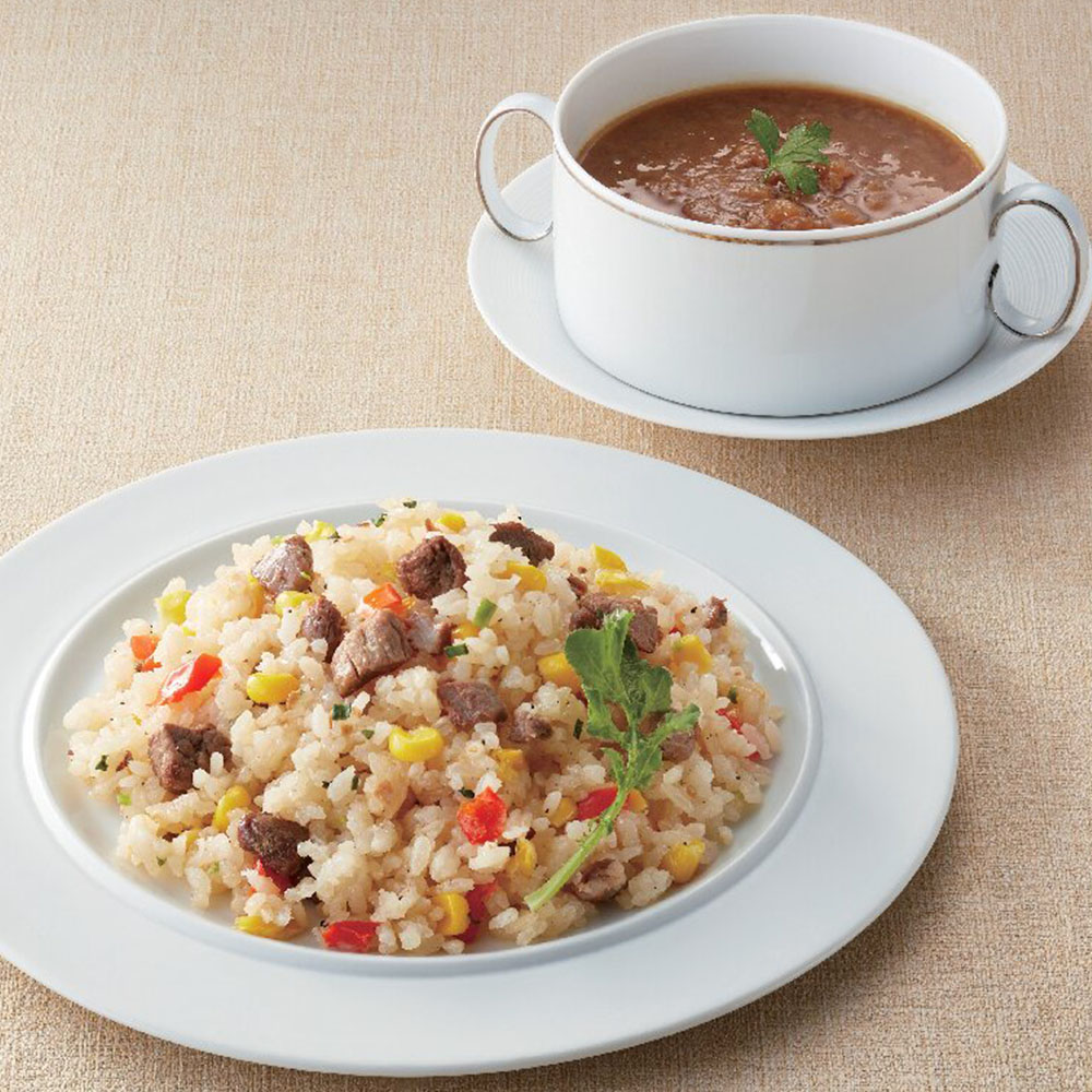 ビストロハリーズ 牛フィレ肉のガーリックバターライス&濃厚オニオンスープ