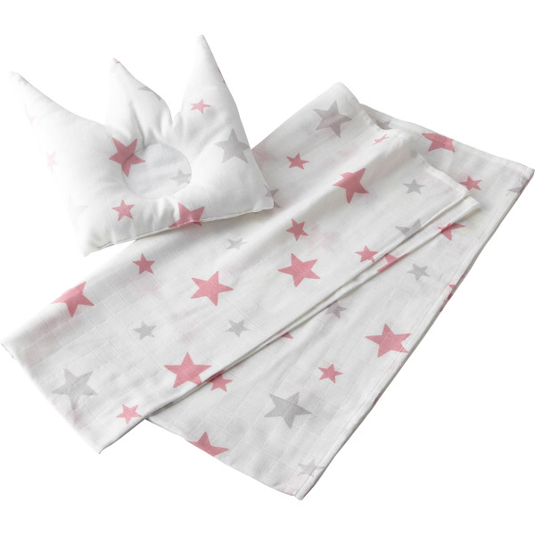 モスリンガーゼのベビー王冠型まくらとフリーケットセット　ピンク