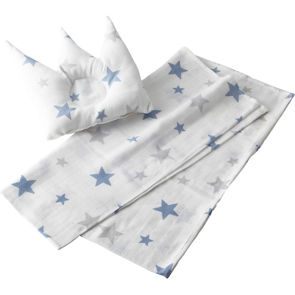 モスリンガーゼのベビー王冠型まくらとフリーケットセット　ブルー